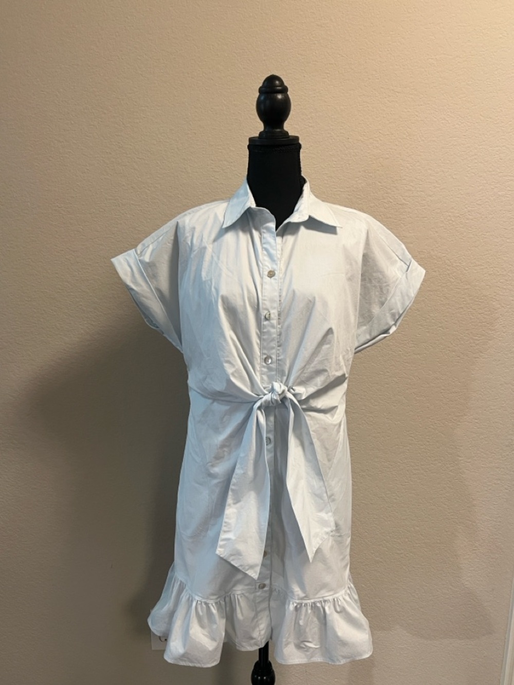 Finley Light Blue Short Shirt Dress Small Tie Waist Ruffle Hem Button Front
